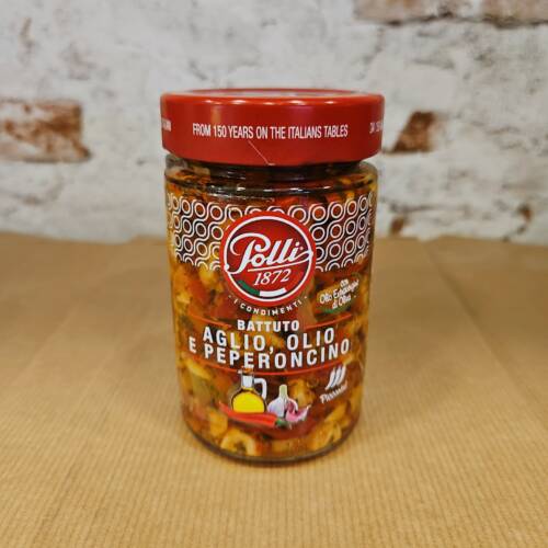 Salsa Aglio, Olio e Peperoncino Polli en frasco con guindillas y ajo.