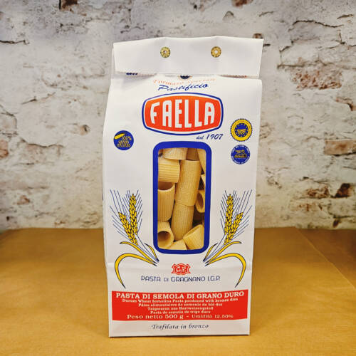 Rigatoni Faella en paquete azul, pasta artesanal italiana de Gragnano