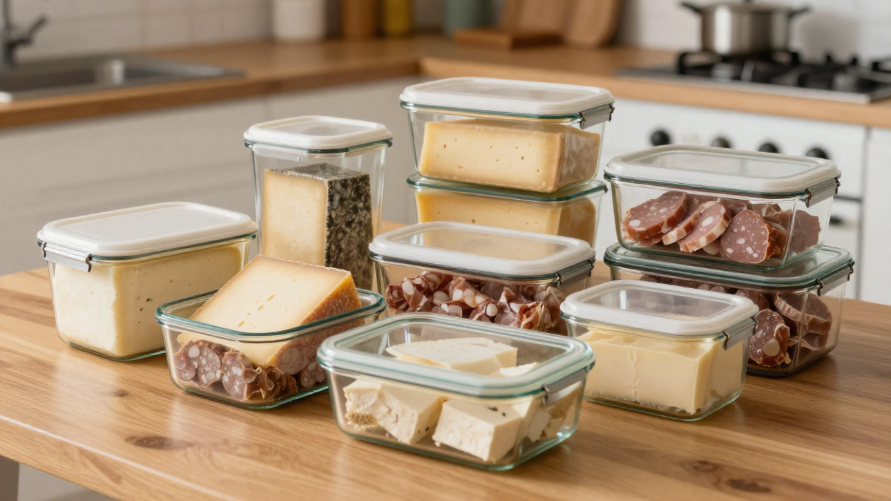 Conservar quesos embutidos italianos correctamente sobre mesa de madera con papel protector