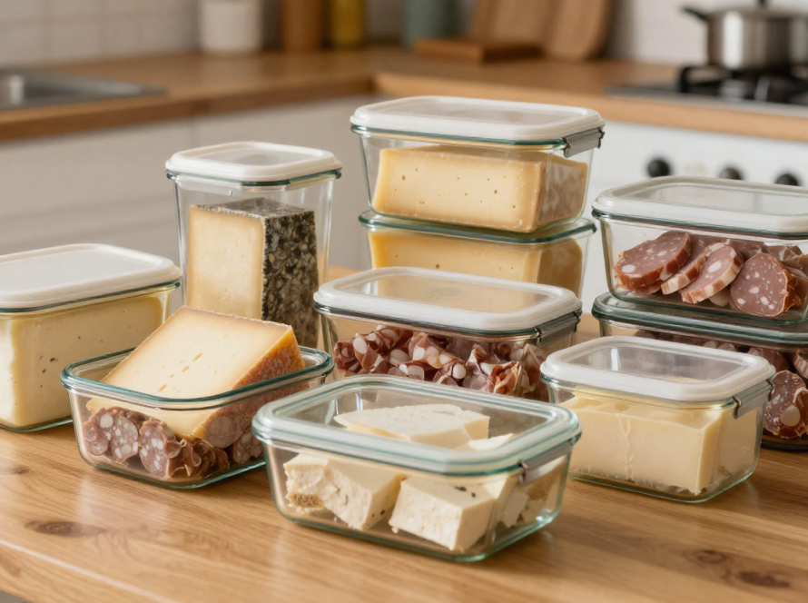 Conservar quesos embutidos italianos correctamente sobre mesa de madera con papel protector